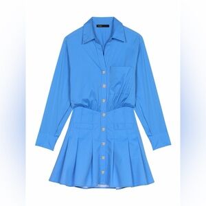 MAJE Blue Short Shirt Dress Pleated Gold Button Mini | Small | worn once